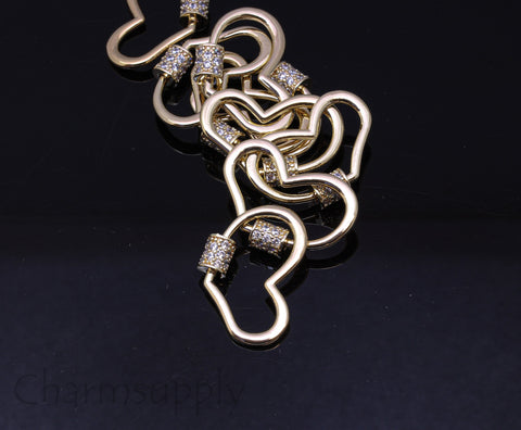 Gold Open Heart cz Carabiner Lock, cz Screw on Clasp, 27x22mm, 1 pc or 10 pcs, WHOLESALE, MP21-10075