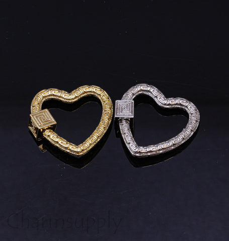 Gold or Silver Engraved Pattern Textured Open Heart Carabiner, mm, Carabiner screw clasp, 1 pc or 10 pcs, WHOLESALE, MP21-10064