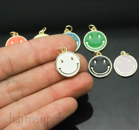 New Arrivals Gold Colorful Smiley Face Pendant, 14mm, 10 colors, Stay Positive, Enamel Smiley Face Pendant, 1 pc or 10 pcs, WHOLESALE,CPG343