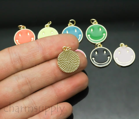 New Arrivals Gold Colorful Smiley Face Pendant, 14mm, 10 colors, Stay Positive, Enamel Smiley Face Pendant, 1 pc or 10 pcs, WHOLESALE,CPG343