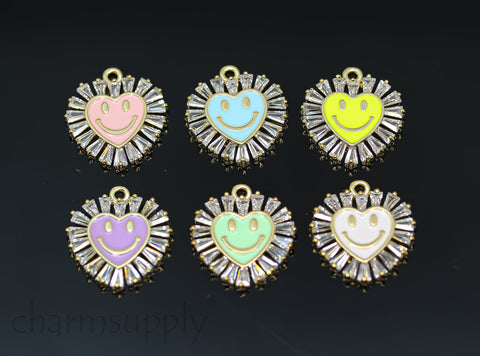 Gold Small Smiley Heart Trimmed with Baguette cz Charm, Enamel Smiley face charm, 6 colors, 16mm, 1 pc or 10 pcs, WHOLESALE,CPG221