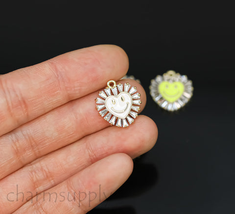 Gold Small Smiley Heart Trimmed with Baguette cz Charm, Enamel Smiley face charm, 6 colors, 16mm, 1 pc or 10 pcs, WHOLESALE,CPG221
