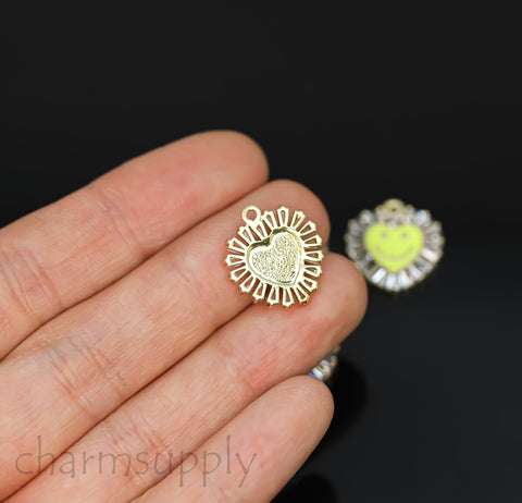 Gold Small Smiley Heart Trimmed with Baguette cz Charm, Enamel Smiley face charm, 6 colors, 16mm, 1 pc or 10 pcs, WHOLESALE,CPG221