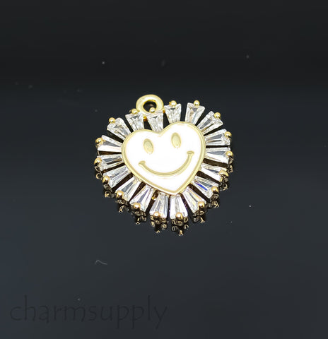 Gold Small Smiley Heart Trimmed with Baguette cz Charm, Enamel Smiley face charm, 6 colors, 16mm, 1 pc or 10 pcs, WHOLESALE,CPG221