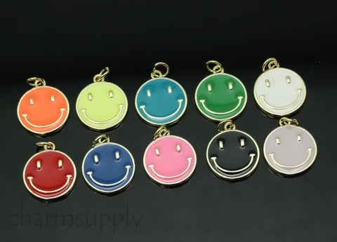 New Arrivals Gold Colorful Smiley Face Pendant, 14mm, 10 colors, Stay Positive, Enamel Smiley Face Pendant, 1 pc or 10 pcs, WHOLESALE,CPG343