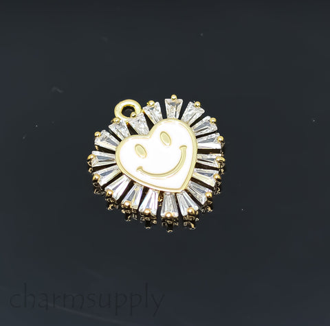 Gold Small Smiley Heart Trimmed with Baguette cz Charm, Enamel Smiley face charm, 6 colors, 16mm, 1 pc or 10 pcs, WHOLESALE,CPG221