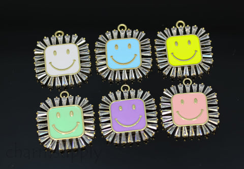 Gold Large Smiley Rectangle Trimmed with Baguette cz Charm, Enamel Smiley face charm, 6 colors, 22mm, 1 pc or 10 pcs, WHOLESALE,CPG344