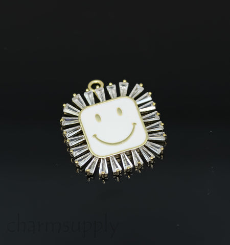 Gold Large Smiley Rectangle Trimmed with Baguette cz Charm, Enamel Smiley face charm, 6 colors, 22mm, 1 pc or 10 pcs, WHOLESALE,CPG344