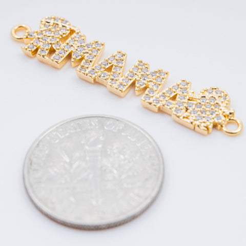 Gold Mama Link with boy and girl, full cz pave set, Mother's Day, mama cz link, mama jewelry, boy and girl link, 1 pc or 10 pcs, WHOLESALE