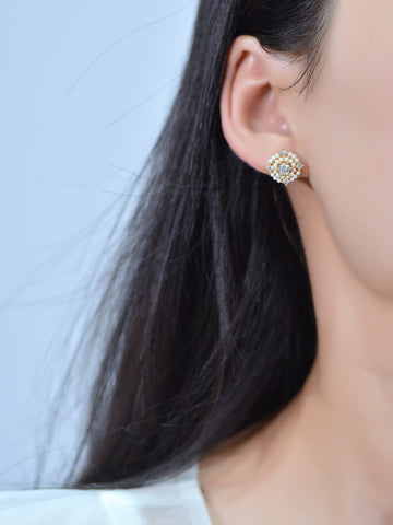 Gold Earrings,Micro Pave Dainty Stud Fresh Water Pearl Earring, Round Pearl Earring, BE-13
