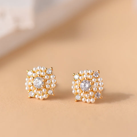 Gold Earrings,Micro Pave Dainty Stud Fresh Water Pearl Earring, Round Pearl Earring, BE-13