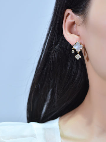 Gold Mother Of Pearl Earring,Micro Pave Four Leaf Clover Stud Earring With Sparkly CZ, FJ1-379