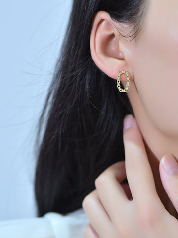 Gold Earrings,Micro Pave Dainty Stud Oval Earring, Elongated Gold Chain Design Earring, BE-25