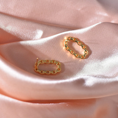 Gold Earrings,Micro Pave Dainty Stud Oval Earring, Elongated Gold Chain Design Earring, BE-25