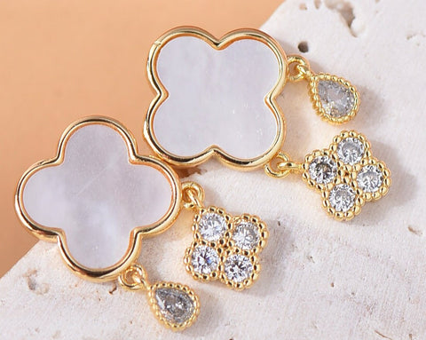 Gold Mother Of Pearl Earring,Micro Pave Four Leaf Clover Stud Earring With Sparkly CZ, FJ1-379