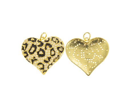 Two Tone Heart Charm ,Necklace Heart Charm For DIY Jewelry Making,Leopard Pave Gold Heart Charm, CPG006