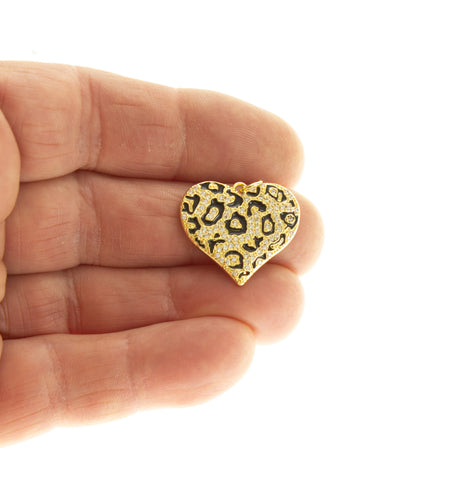 Two Tone Heart Charm ,Necklace Heart Charm For DIY Jewelry Making,Leopard Pave Gold Heart Charm, CPG006