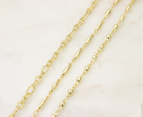 Trendy Jewelry Making Minimalist Gold Chains,Rice Bead Chain,Hammered Cable Chain And Beaded Link Chain, CHG003,CHG004,CHG005