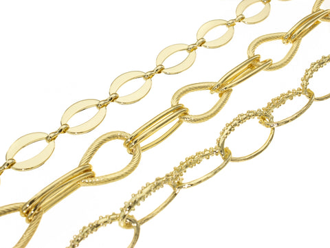 -14k Gold Oval Link Flat Chain, Twisted Tear Drop Link Chain, Gold Oval Half Beaded Half Smooth Chain,CHG014,CHG015,CHG016