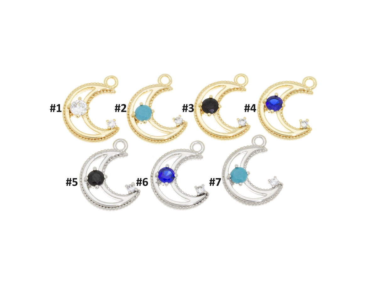 Gold or Silver Crescent Moon CZ Set Charm, Moon And Star Charm,Tiny Star Moon Charm,1 pc, 10 pcs,CPG249-CPS249