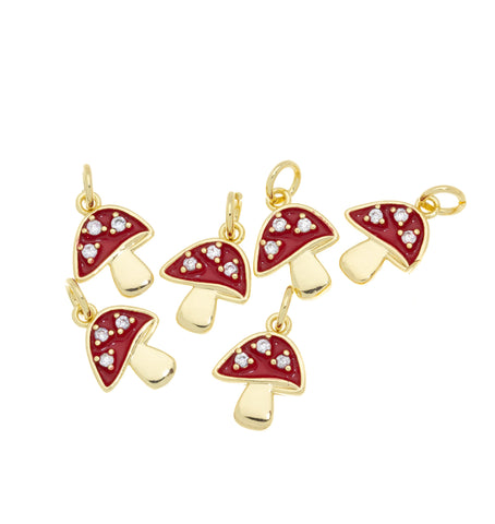 Tiny Mushroom Gold Charm For Bracelet Or Necklace,Dainty Enamel Mushroom Pendant,1 pc,5 pcs Or 10pcs,WHOLESALE,CPG467