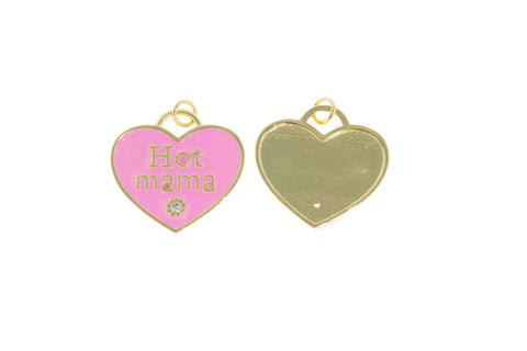 Heart Charm For Mom,Hot Mama Heart Charm,Gold Heart Enamel Charm,Pave Heart Pendant For Mother,CPG691