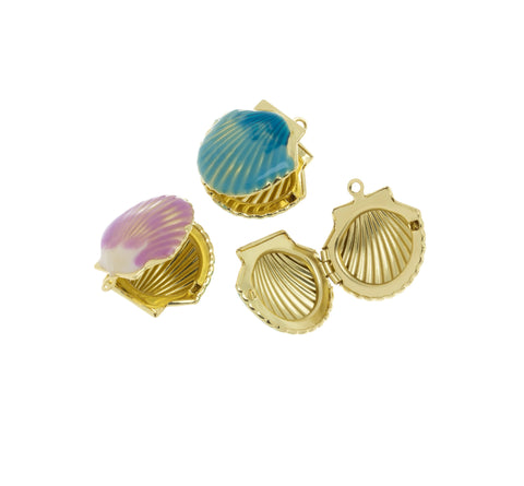 Clam Shell Locket Charm, Gold Clam Shell Locket Pendant,Seashell Locket Charm,Enamel Locket Clam Seashell Pendant,CPG526