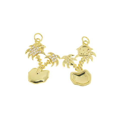 Palm Tree Charm Gold With CZ,Pave CZ Double Palm Tree Charm,Tropical Tree Charm With CZ,CPG1007