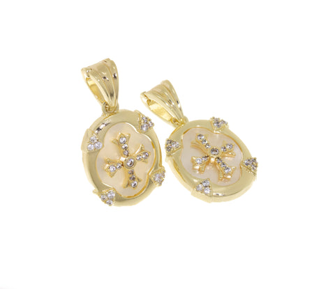 Cross Charm With Mother Of Pearl And Pave CZ,Oval Gold Cross Pendant With Mother Of Pearl Inlay,Religious Gold Jewelry,CPG611