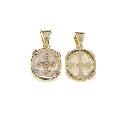 Cross Charm With Mother Of Pearl And Pave CZ,Oval Gold Cross Pendant With Mother Of Pearl Inlay,Religious Gold Jewelry,CPG611