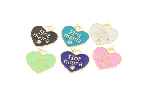 Heart Charm For Mom,Hot Mama Heart Charm,Gold Heart Enamel Charm,Pave Heart Pendant For Mother,CPG691