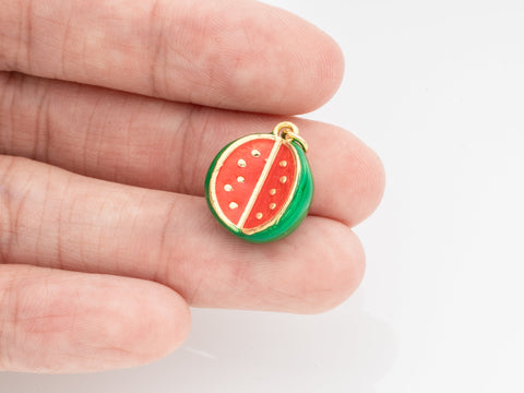 Enamel Watermelon Pendant,18K Gold 3D Watermelon Charm, Fruit Pendant, Enamel Fruit Pendant, DIY Jewelry Making Supplies, 14x13mm, CPG396