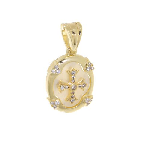 Cross Charm With Mother Of Pearl And Pave CZ,Oval Gold Cross Pendant With Mother Of Pearl Inlay,Religious Gold Jewelry,CPG611