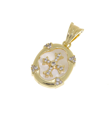 Cross Charm With Mother Of Pearl And Pave CZ,Oval Gold Cross Pendant With Mother Of Pearl Inlay,Religious Gold Jewelry,CPG611