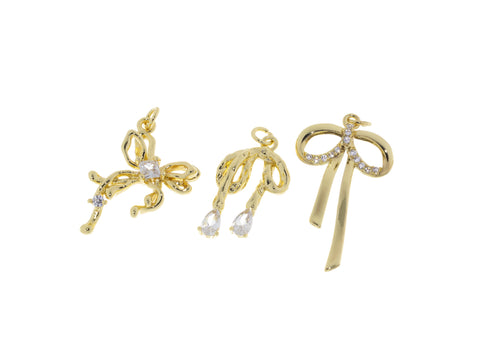 Ribbon Tie Gold CZ Charm ,Minimalist Ribbon Bow Tie Charm,Timeless Ribbon Bow Tie Charm For Jewelry,CPG2031-CPG2032-CPG2049