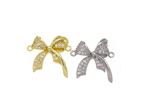 Ribbon Bow Tie Connector Charm,Gold Ribbon Bow Tie CZ Connector Charm,Pave Bow Tie Ribbon  For Jewelry Making,CNG131-CNS131