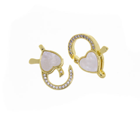 Lobster Clasp With Heart Shape Mother Of Pearl,Gold Pave MOP Heart Lobster Claw Clasp,Large Lobster CZ Clasp,CLG308