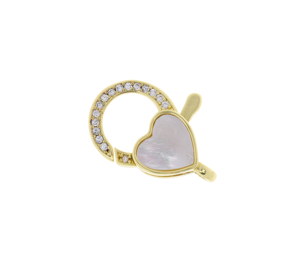 Lobster Clasp With Heart Shape Mother Of Pearl,Gold Pave MOP Heart Lobster Claw Clasp,Large Lobster CZ Clasp,CLG308