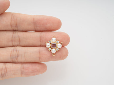 Pearly Pink Chandelier Connector, Decorative Pink cz Chandelier Style Link, Pearl Set, Jewelry Enthusiast, three hole connector, CNG626