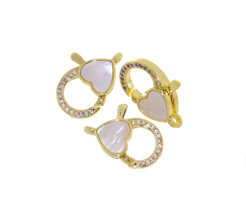 Lobster Clasp With Heart Shape Mother Of Pearl,Gold Pave MOP Heart Lobster Claw Clasp,Large Lobster CZ Clasp,CLG308