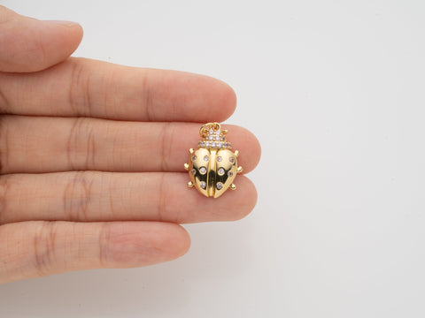Gold beetle pendant, Pink Lady bug Pendant, lady bug charm with pink cz, 18x15mm, gold lady bug charm,Brings you luck, CPG584