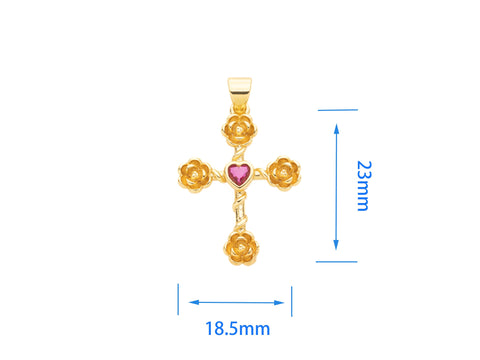 Cross Charm With Floral Design,Gold Cross Pendant With Heart ,Religious Gold Jewelry,CZ Gold Cross Charm,CPG588