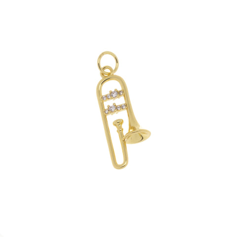 Dainty Gold Trombone Charm,Gold CZ Musical Instrument Charm,Trumpet Gold Charm,Small Saxophone Charm,CPG2180