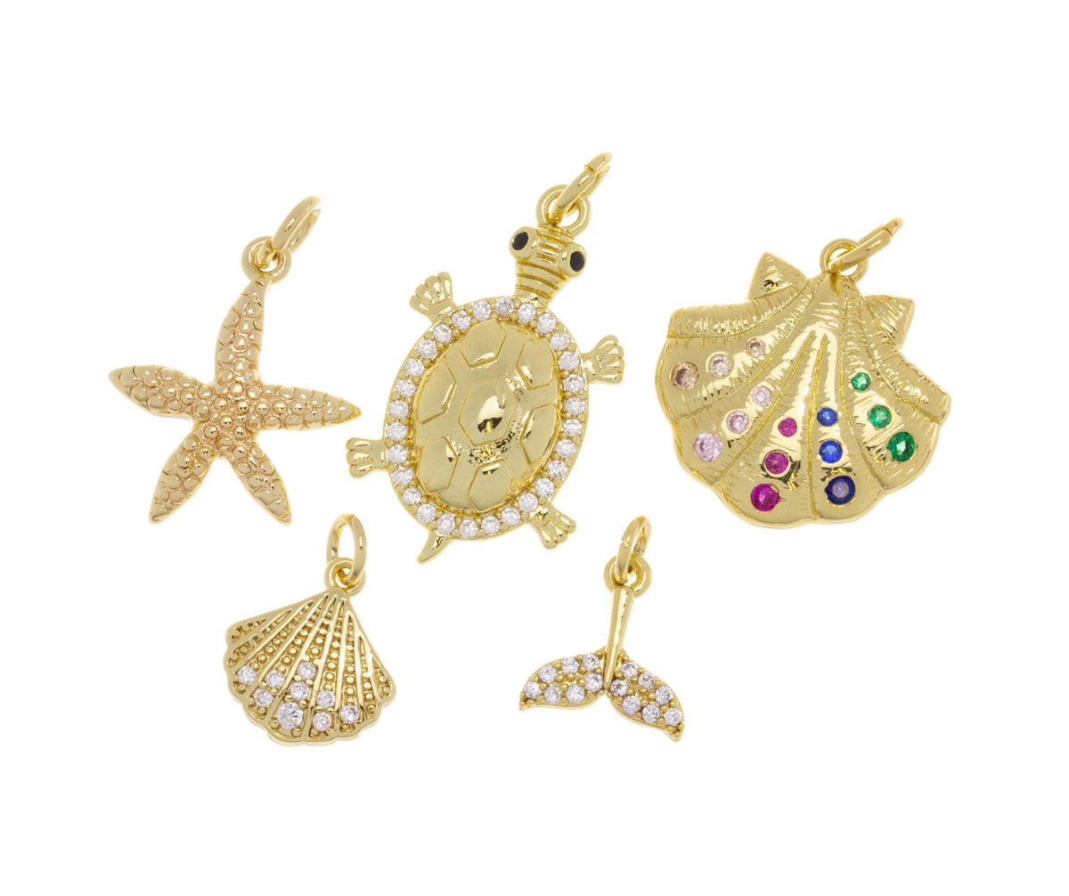 Gold Sea Shell Charm,Sealife Gold Charms,Clam Shell Charm,Whale Tale Charm,Sea Turtle Charm,Starfish Gold Charm,CPG1210-2172-2178-2187-2193