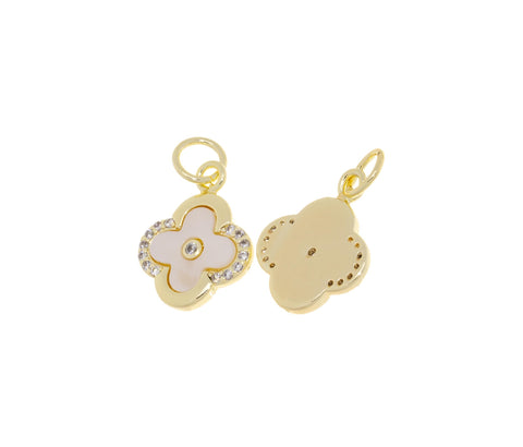 Gold  Flower MOP CZ Charm,Shamrock MOP Four Leaf Charm,Mother Of Pearl Flower Charm,CPG750
