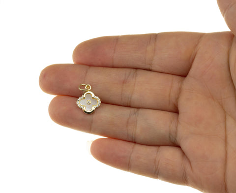 Gold  Flower MOP CZ Charm,Shamrock MOP Four Leaf Charm,Mother Of Pearl Flower Charm,CPG750