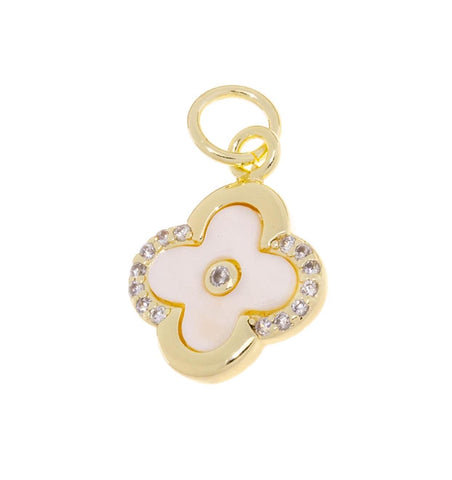 Gold  Flower MOP CZ Charm,Shamrock MOP Four Leaf Charm,Mother Of Pearl Flower Charm,CPG750