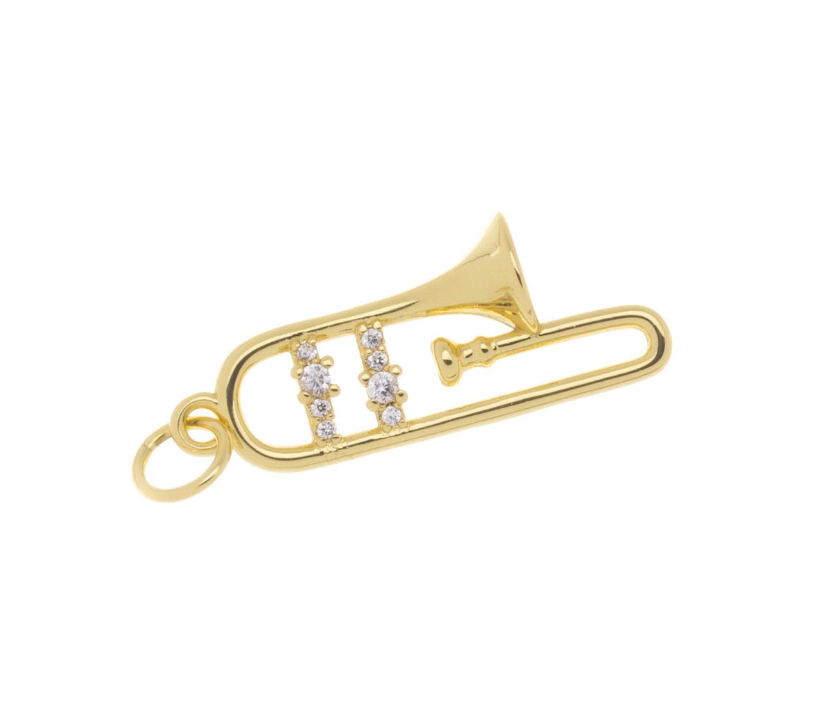 Dainty Gold Trombone Charm,Gold CZ Musical Instrument Charm,Trumpet Gold Charm,Small Saxophone Charm,CPG2180