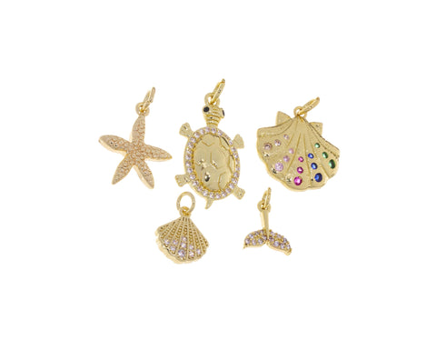 Gold Sea Shell Charm,Sealife Gold Charms,Clam Shell Charm,Whale Tale Charm,Sea Turtle Charm,Starfish Gold Charm,CPG1210-2172-2178-2187-2193