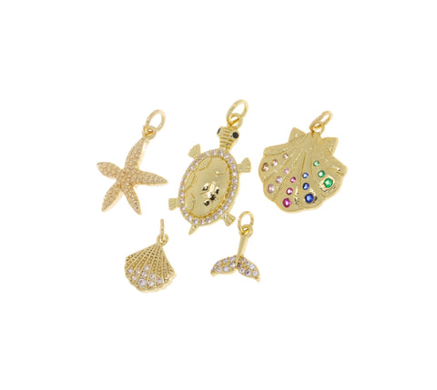 Gold Sea Shell Charm,Sealife Gold Charms,Clam Shell Charm,Whale Tale Charm,Sea Turtle Charm,Starfish Gold Charm,CPG1210-2172-2178-2187-2193